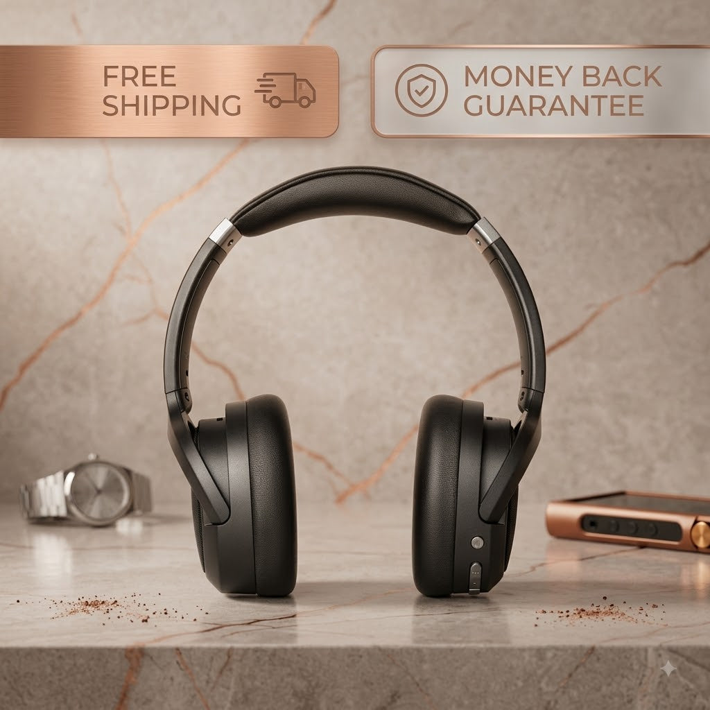 Black over-ear wireless headphones displayed on a marble surface with promotional badges reading 'FREE SHIPPING' and 'MONEY BACK GUARANTEE'.