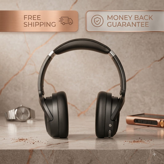 Black over-ear wireless headphones displayed on a marble surface with promotional badges reading 'FREE SHIPPING' and 'MONEY BACK GUARANTEE'.