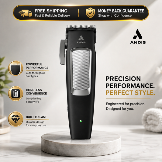 Black and silver ANDIS cordless hair trimmer standing on a round marble pedestal, with promotional text and feature icons on a light marble background.
