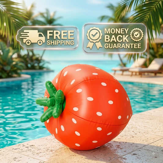 An inflatable strawberry-shaped pool float resting on a pool deck with a swimming pool and palm trees in the background. Two promotional badges reading 'FREE SHIPPING' and 'MONEY BACK GUARANTEE' are overlaid near the top.