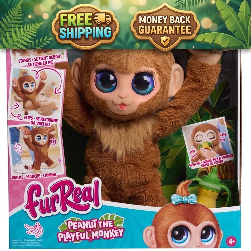 FurReal Peanut the Playful Monkey toy package, showing a brown plush monkey with large blue eyes inside its retail box. The packaging features green jungle-themed graphics, product feature callouts, and the FurReal logo.