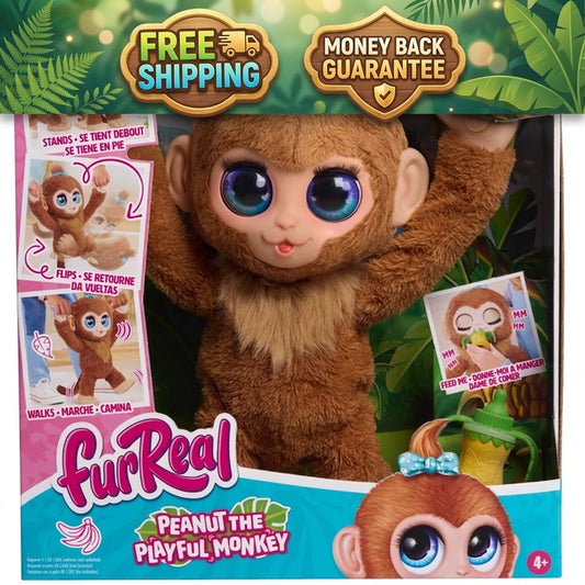FurReal Peanut the Playful Monkey toy package, showing a brown plush monkey with large blue eyes inside its retail box. The packaging features green jungle-themed graphics, product feature callouts, and the FurReal logo.