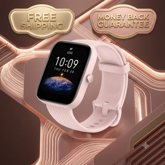 A smartwatch with a light pink band and a black rectangular display, shown on a decorative metallic rose-gold background with promotional badges reading 'FREE SHIPPING' and 'MONEY BACK GUARANTEE'.