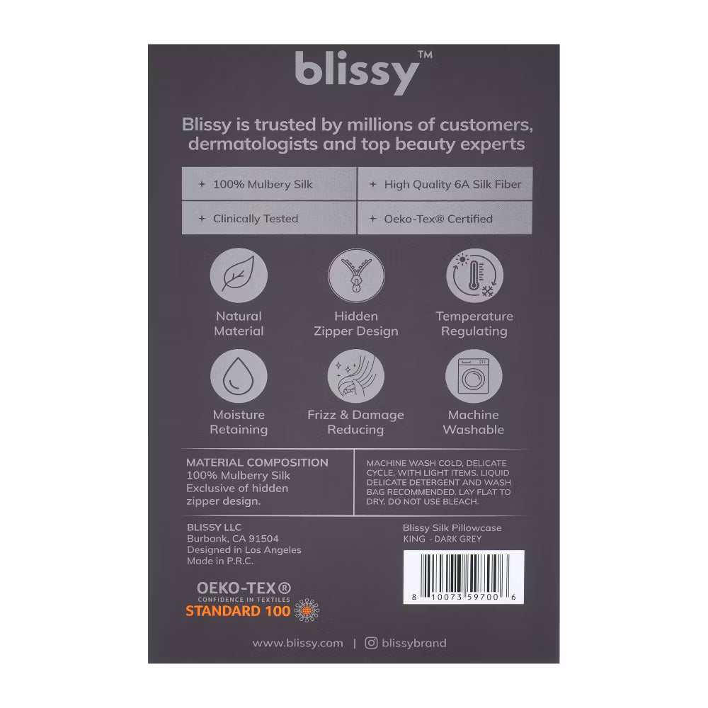 Blissy 100% Mulberry Silk Pillowcase King Size – 600 Thread Count Dark Gray