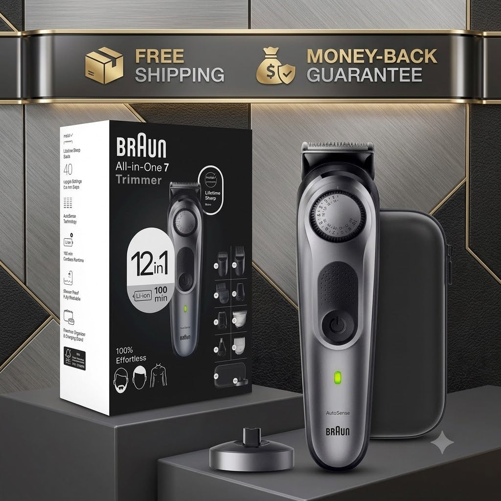 Braun All-in-One 7 trimmer shown with its retail box, a gray storage case, and a small metal stand on a dark display platform. The top of the image includes promotional banners reading 'FREE SHIPPING' and 'MONEY-BACK GUARANTEE.