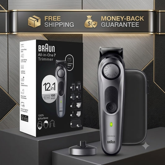 Braun All-in-One 7 trimmer shown with its retail box, a gray storage case, and a small metal stand on a dark display platform. The top of the image includes promotional banners reading 'FREE SHIPPING' and 'MONEY-BACK GUARANTEE.
