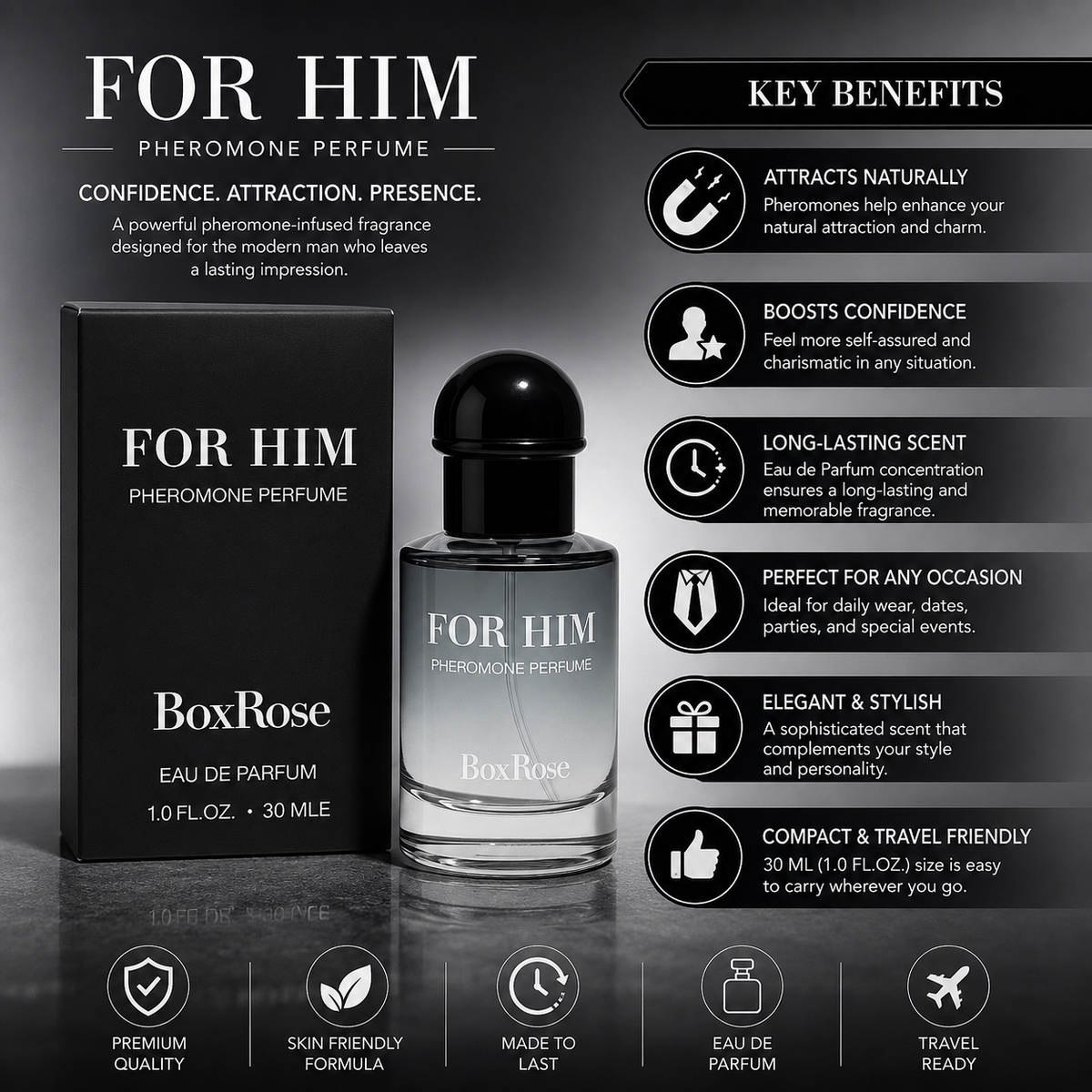 BoxRose For Him 30ml long-lasting pheromone Eau de Parfum bottle and box