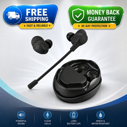 A pair of black JLab Work Buds true wireless Bluetooth earbuds with a detachable boom microphone and charging case.