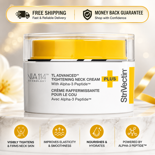 NIA114 Technology StriVectin TL Advanced Tightening Neck Cream Plus jar, featuring a white label with yellow accents and a yellow lid, set against a soft, warm bokeh background with promotional text banners at the top and bottom.
