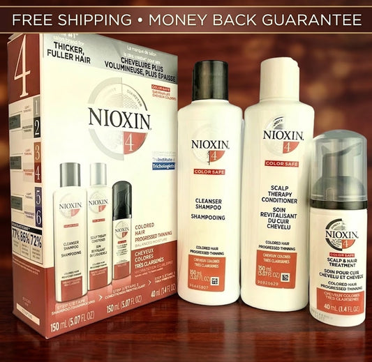Nioxin 4 Color Fade Scalp and Hair Treatment kit on a dark wooden background, featuring a white and brown box alongside three white bottles and a treatment pump bottle. A promotional banner at the top reads 'FREE SHIPPING • MONEY BACK GUARANTEE'.