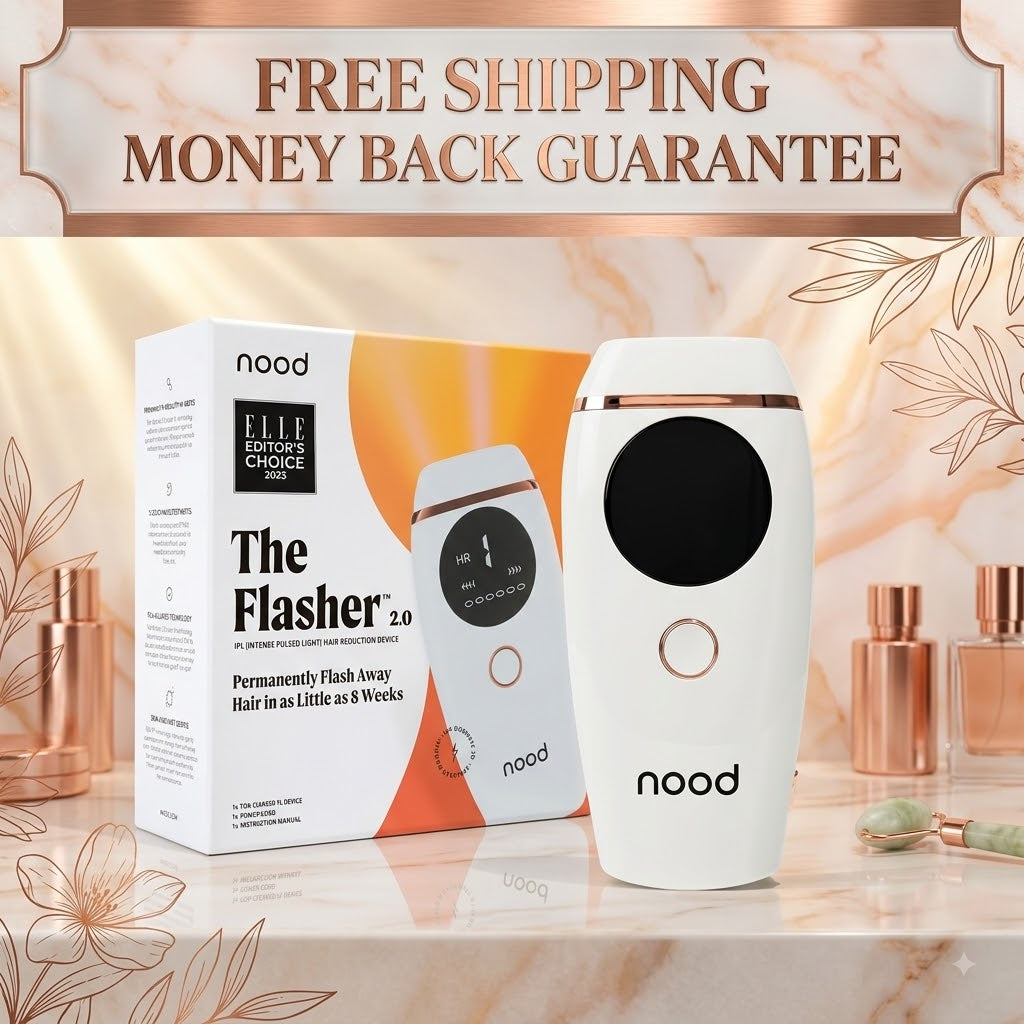 Nood The Flasher 2.0 permanent flash away hair remover and its packaging box, displayed on a marble surface with cosmetic bottles and a 'Free Shipping Money Back Guarantee' banner.
