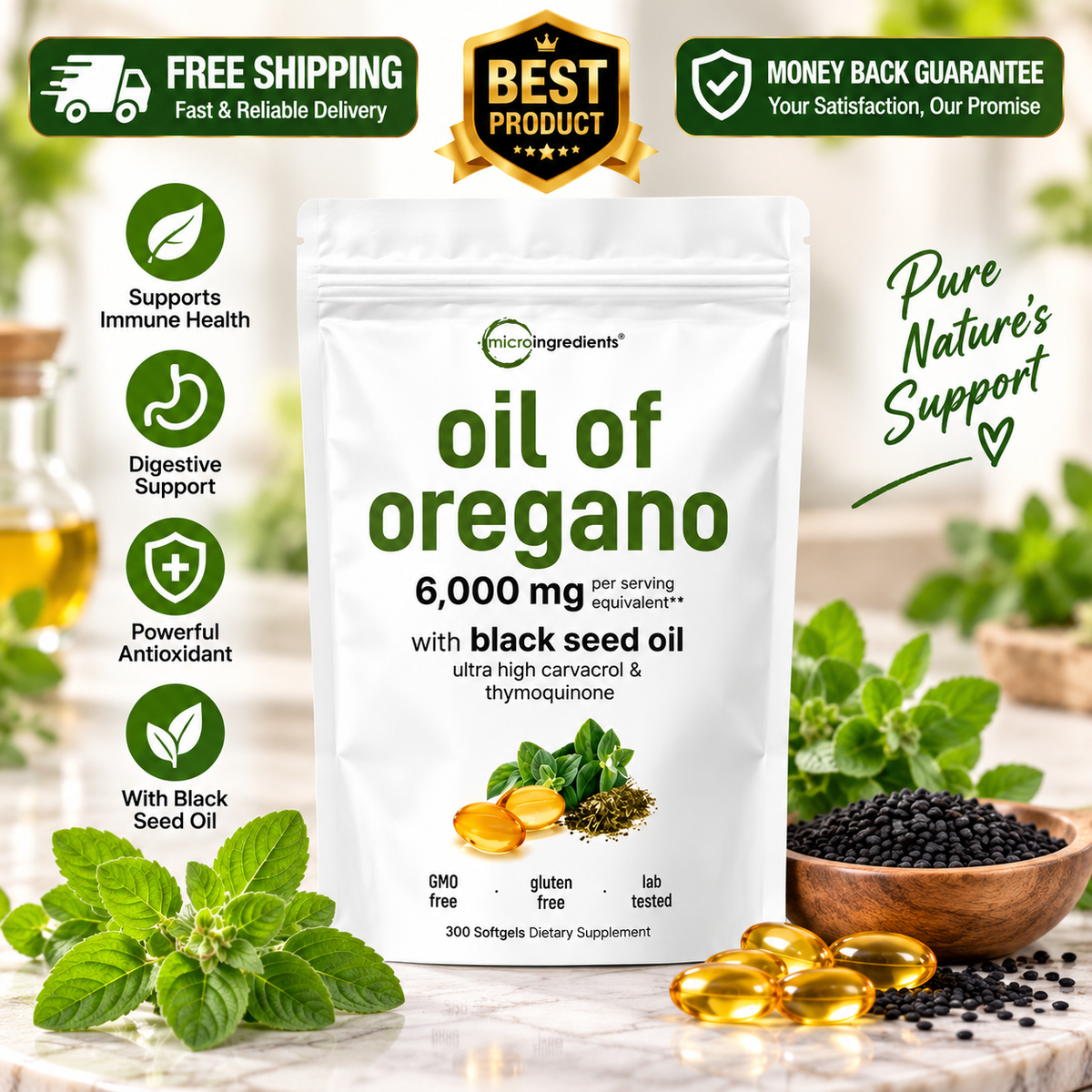 Oil of Oregano with Black Seed Oil dietary supplement, 6000mg, 300 softgels