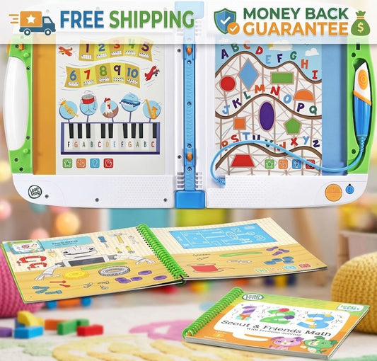 LeapFrog Learning Tablet toy shown open with colorful educational pages, alongside two spiral-bound activity books and a blurred play area background. Prominent text banners at the top read 'FREE SHIPPING' and 'MONEY BACK GUARANTEE.