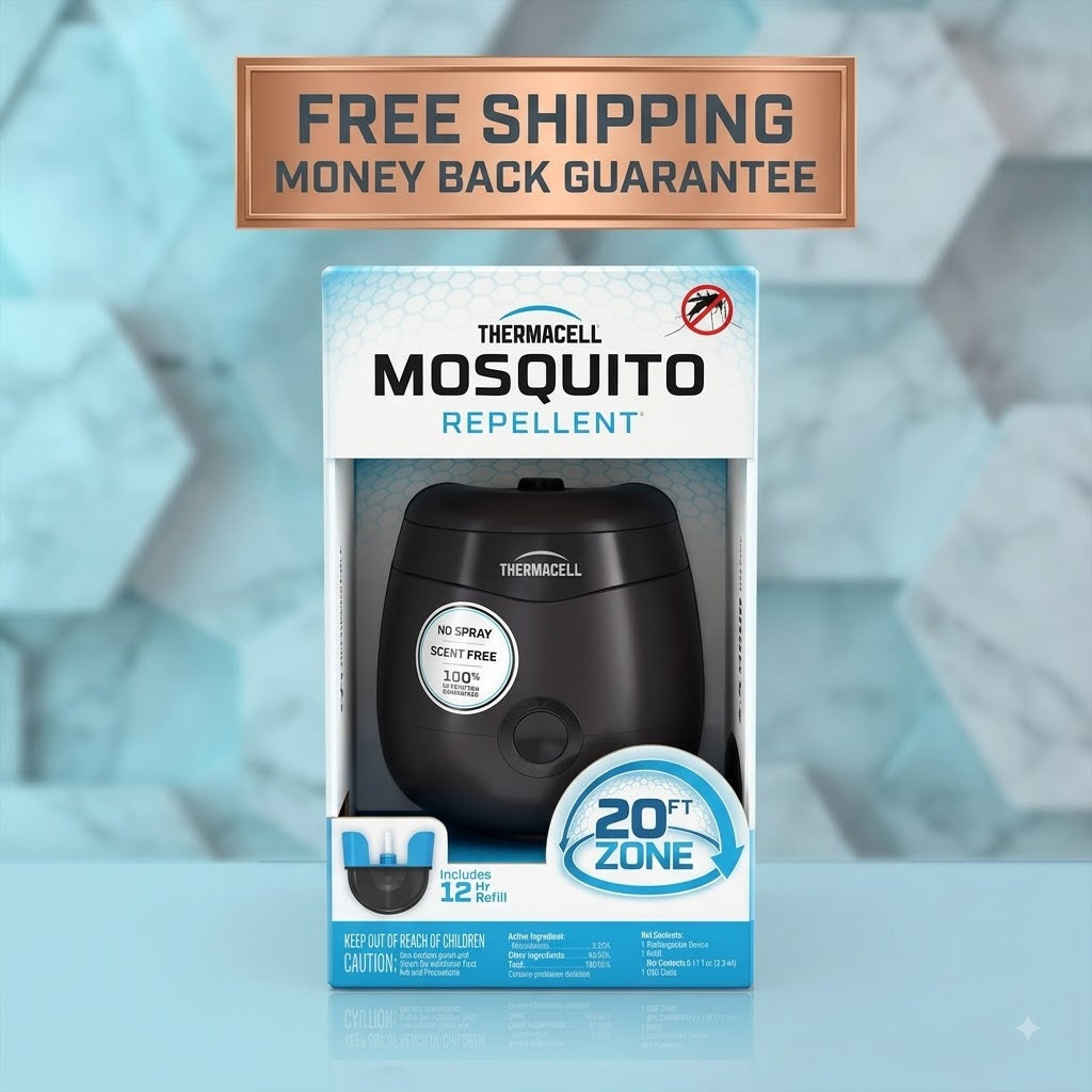 Thermacell Mosquito Repellent in its retail packaging, featuring a black electronic device inside a white and blue box. A bronze banner at the top reads 'FREE SHIPPING MONEY BACK GUARANTEE' against a light blue geometric background.