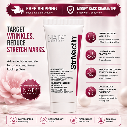 A promotional product graphic for NIA114 StriVectin wrinkle repair cream. The central subject is a white squeeze tube with pink and black text, flanked by marketing text, icons, and benefit callouts on a soft pink background with cream droplets.