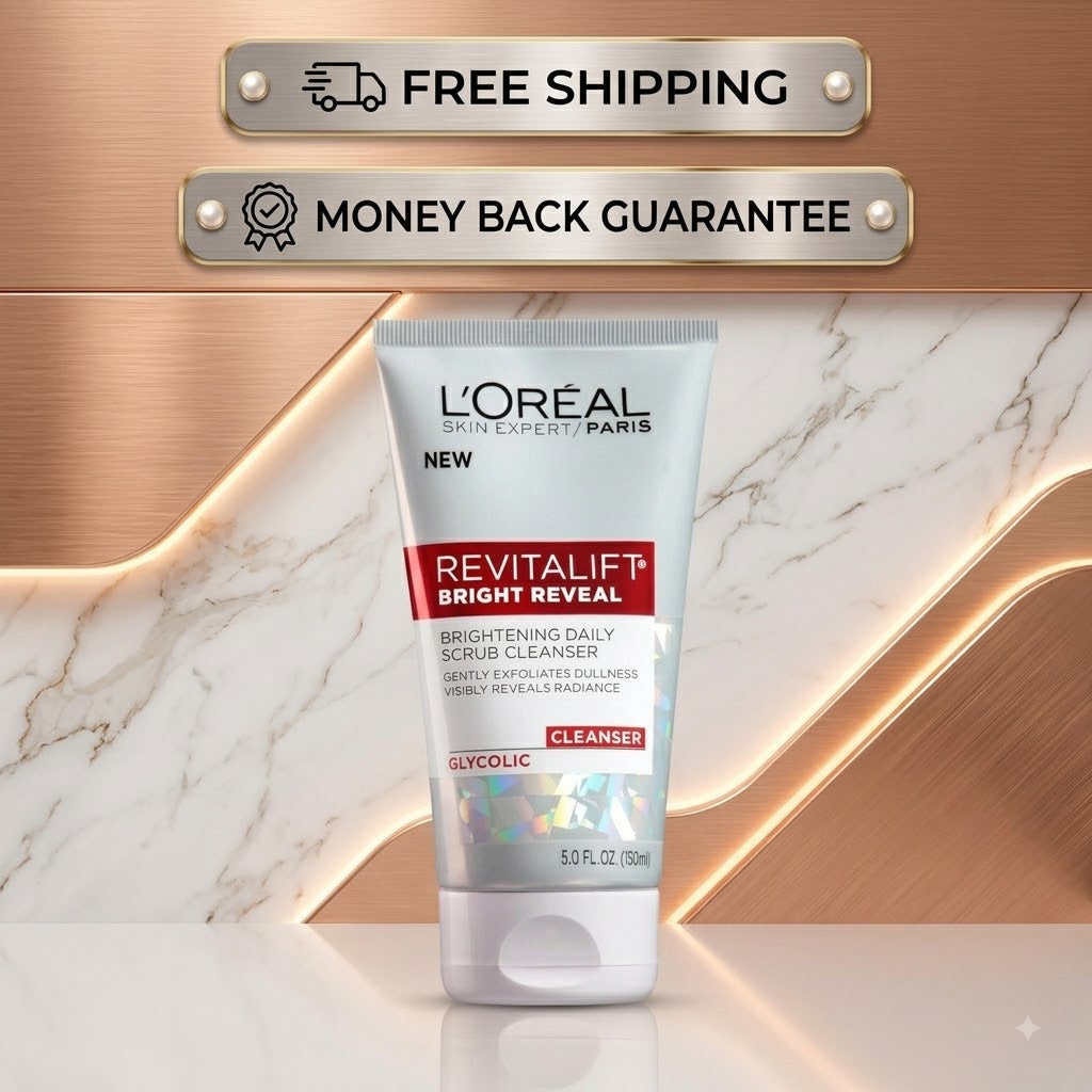 L'Oréal Paris Revitalift Bright Reveal Glycolic Cleanser in a white squeeze tube with red and black text, displayed on a white marble surface with a rose gold metallic background and promotional badges for free shipping and money back guarantee.