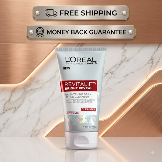 L'Oréal Paris Revitalift Bright Reveal Glycolic Cleanser in a white squeeze tube with red and black text, displayed on a white marble surface with a rose gold metallic background and promotional badges for free shipping and money back guarantee.