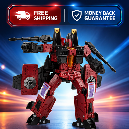 A red and black robot toy figure with weapon-like arms and shield details, shown against a dramatic blue and orange light streak background. Promotional text banners at the top read 'FREE SHIPPING' and 'MONEY BACK GUARANTEE'.