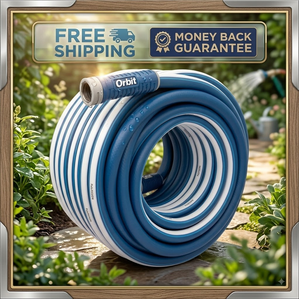 A coiled blue and white garden hose with a blue Orbit brand nozzle, shown outdoors on a garden path with decorative promotional badges reading 'FREE SHIPPING' and 'MONEY BACK GUARANTEE'.