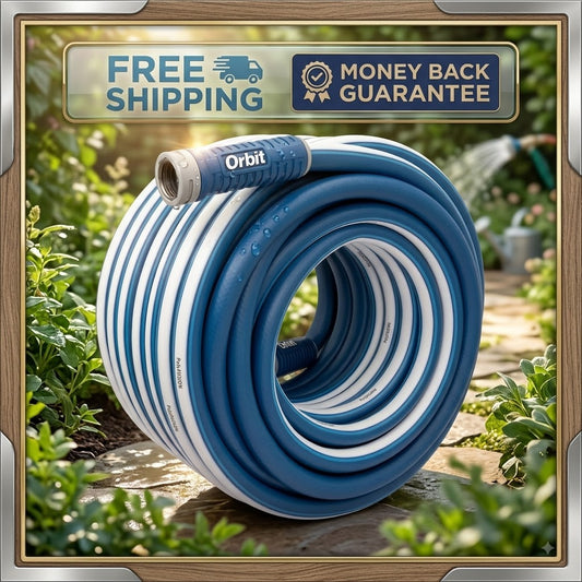 A coiled blue and white garden hose with a blue Orbit brand nozzle, shown outdoors on a garden path with decorative promotional badges reading 'FREE SHIPPING' and 'MONEY BACK GUARANTEE'.