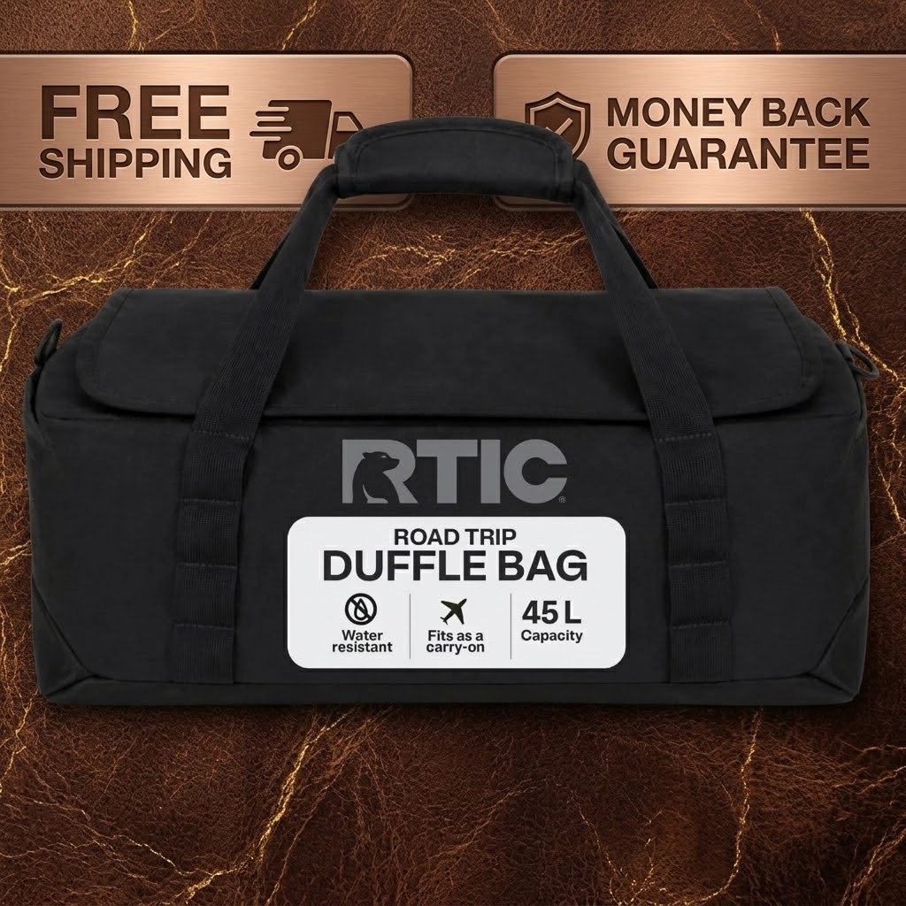 Black RTIC road trip duffle bag with a white label on the front, displayed against a brown textured background with promotional badges for free shipping and a money back guarantee.