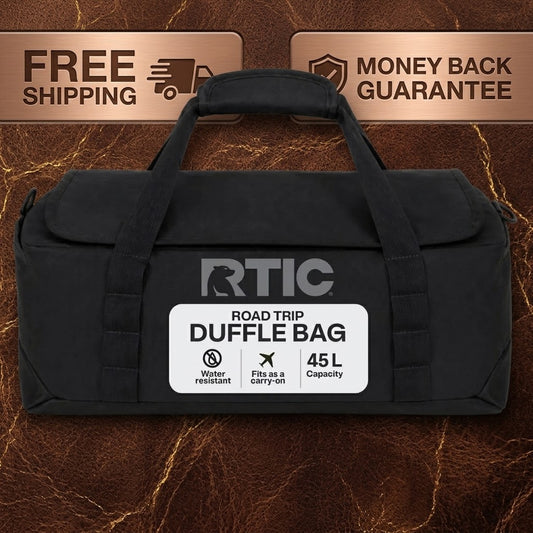 Black RTIC road trip duffle bag with a white label on the front, displayed against a brown textured background with promotional badges for free shipping and a money back guarantee.