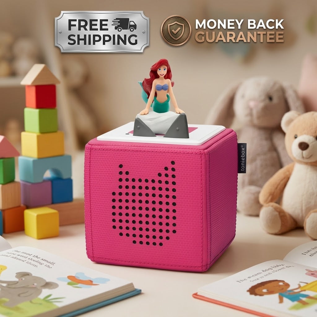 A pink children's toy box with a cat face cutout on the front, topped with a small mermaid figurine. The scene is styled in a child's room with toy blocks, plush toys, and open books, with 'FREE SHIPPING' and 'MONEY BACK GUARANTEE' badges at the top.