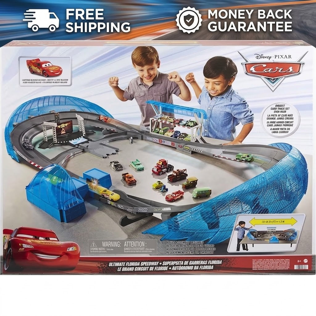 Disney Pixar Cars Ultimate Florida Speedway toy set in its retail packaging, featuring a blue and gray racetrack with multiple toy race cars and a bridge section.