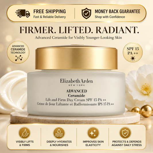 Elizabeth Arden Advanced Ceramide Lift and Firm Day Cream SPF 15 PA++ jar with a gold lid, set on a marble pedestal with a white flower and gold beads, surrounded by promotional text and feature icons.