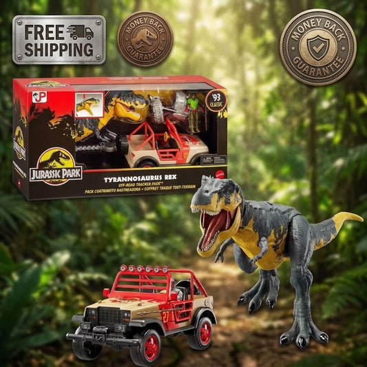 Jurassic Park Tyrannosaurus Rex toy set shown with its retail box, a toy dinosaur, and a red-and-tan jeep on a blurred jungle path background. Promotional badges for free shipping, money back guarantee, and age 93 are overlaid in the corners.