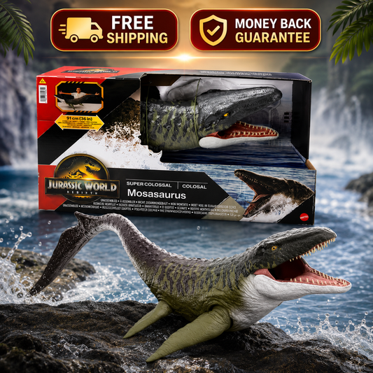 Jurassic World Mosasaurus toy dinosaur shown both inside its retail packaging and posed on a rock in a water scene. The box features Jurassic World branding and the product name Mosasaurus.