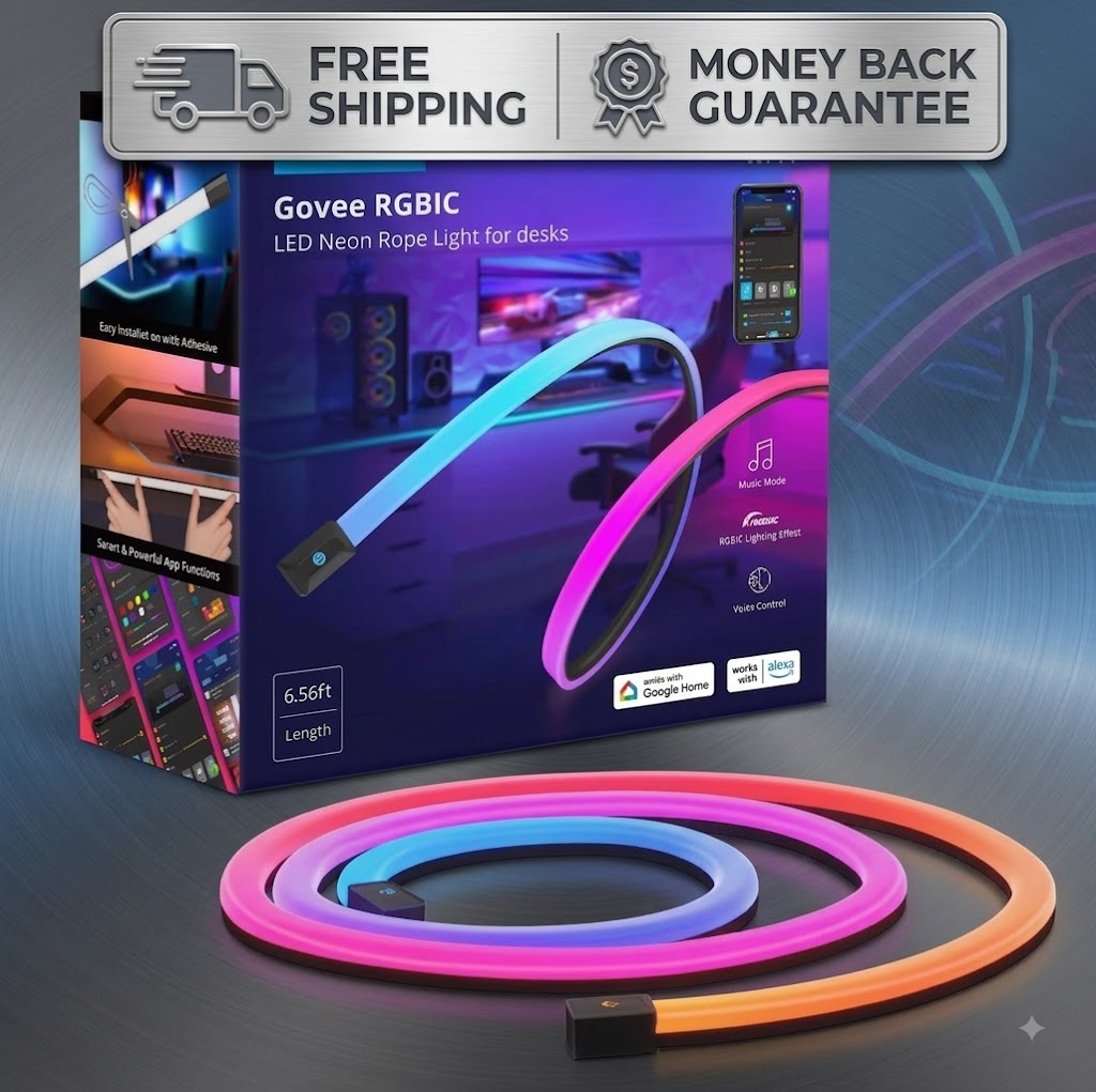 Govee RGBIC LED neon rope light for desks shown coiled in front of its retail box, with a 'FREE SHIPPING' and 'MONEY BACK GUARANTEE' banner at the top. The light glows with multiple colors including pink, blue, purple, and orange.