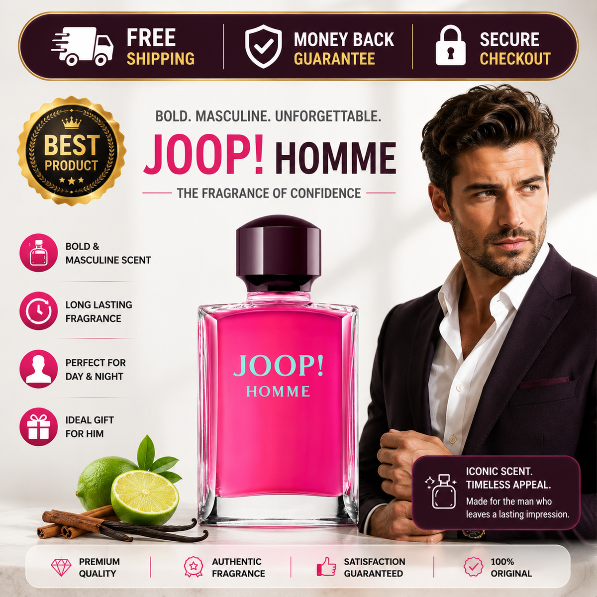 Joop! Homme Cologne for Men with bold citrus, cinnamon, tropical fruit and woody fragrance notes.