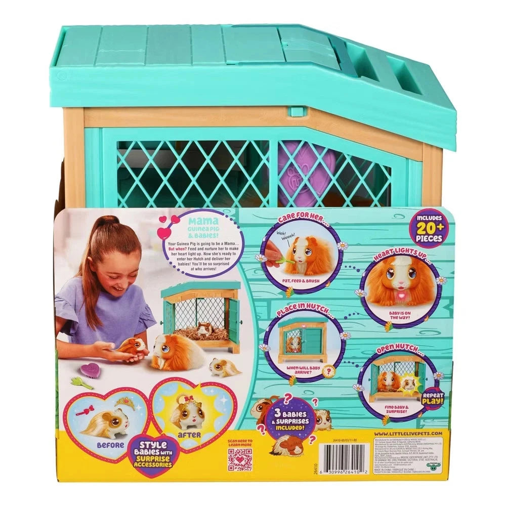 Little Live Pets Mama Surprise Guinea Pig Plush Toy, Interactive Stuffed Guinea Pig Hutch and 3 Babies, Animal Plush with 20+ Sounds, Toys for Ages 4+