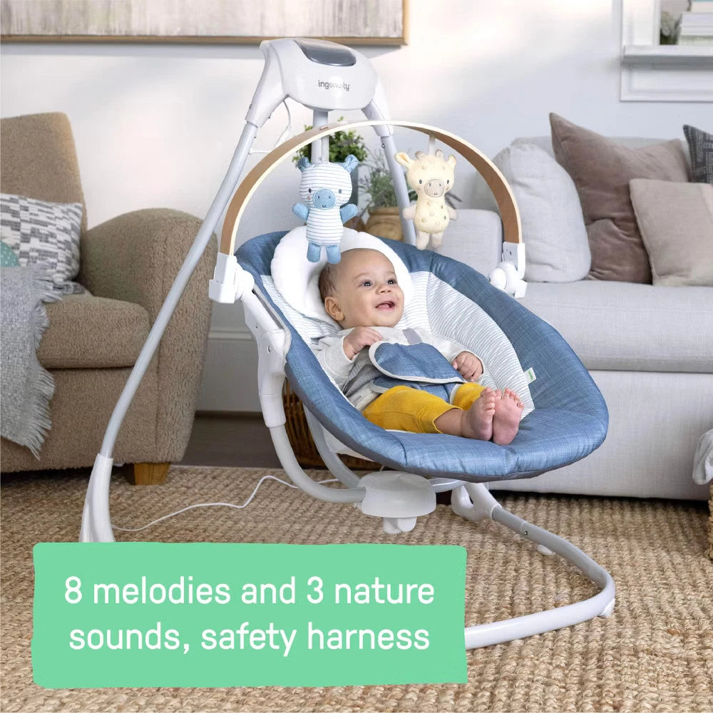 Ingenuity Simple Comfort Compact Swing with Wood Toy Bar - Chambray