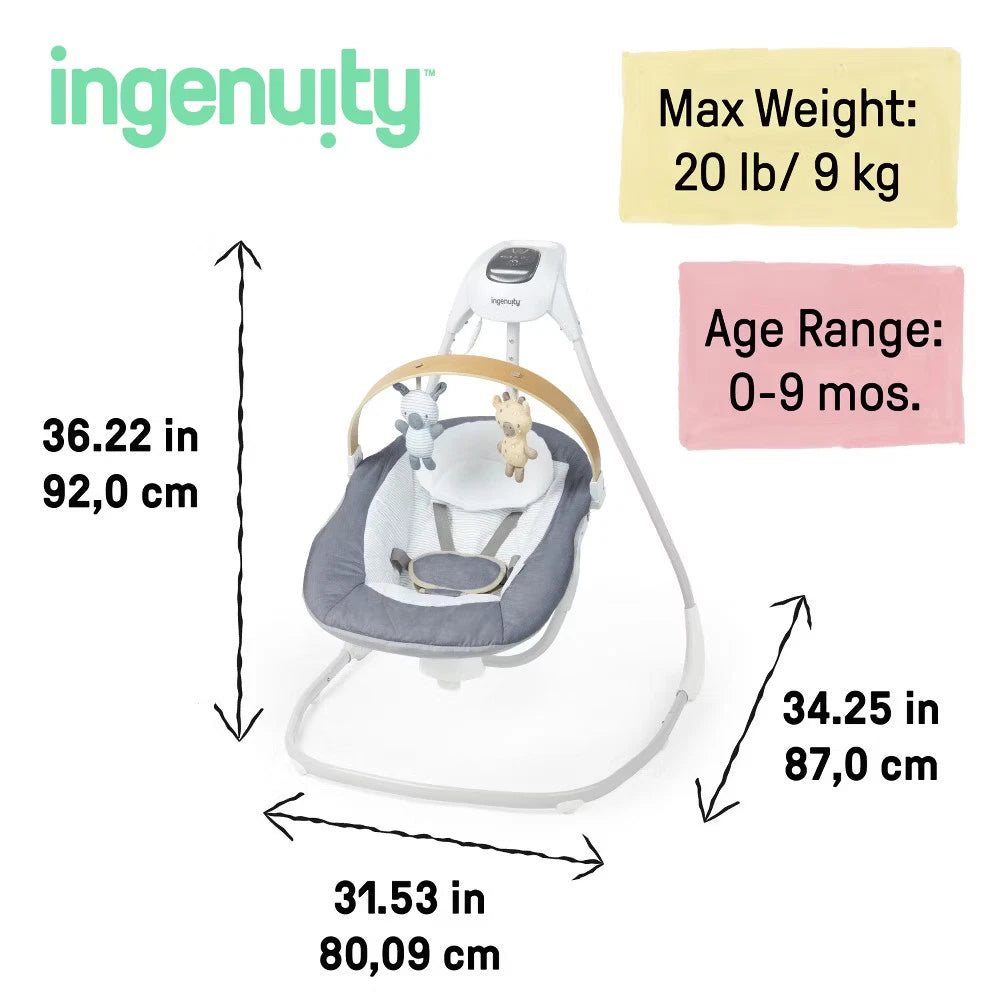 Ingenuity Simple Comfort Compact Swing with Wood Toy Bar - Chambray