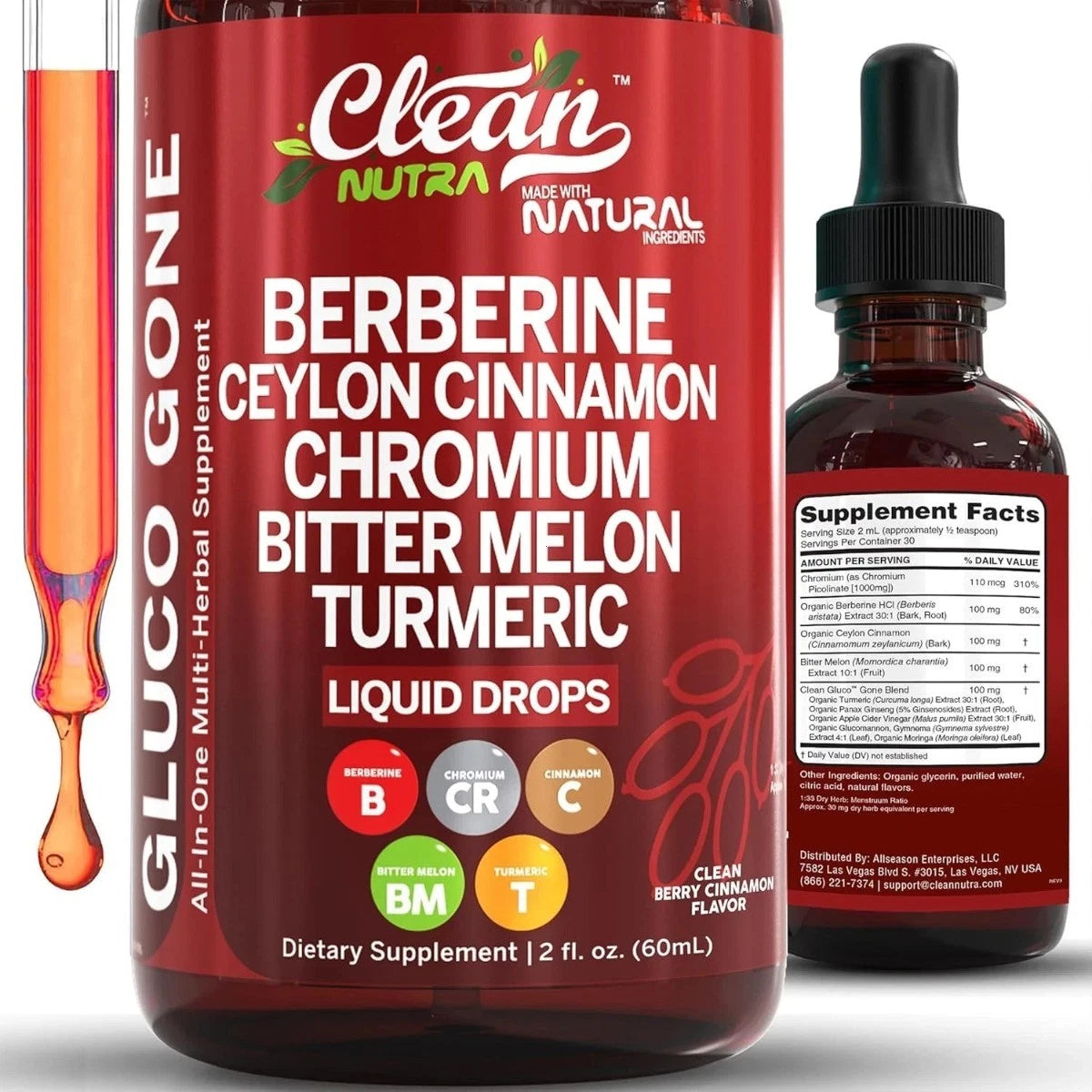 Clean Nutra Berberine & Ceylon Cinnamon Liquid Drops, Dietary Supplement