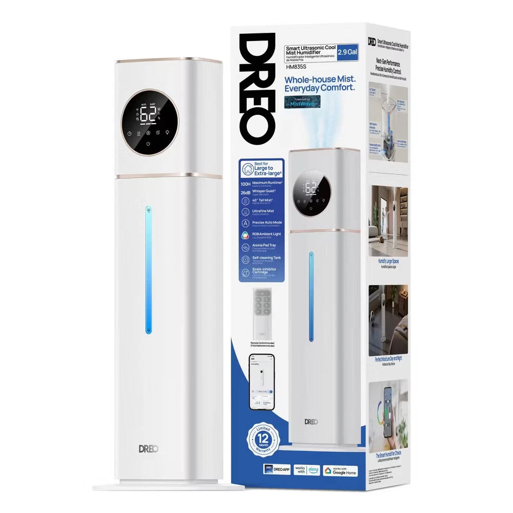 DREO Smart Ultrasonic Cool Mist Humidifier – 3 Gallon, 100H Runtime for Large Rooms