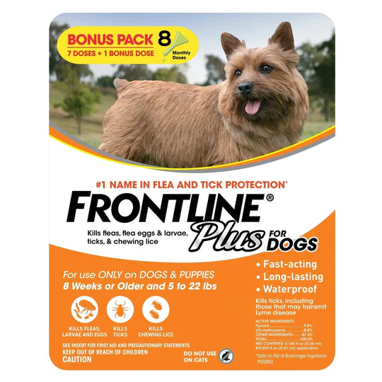 Frontline Plus for Dogs Flea and Tick Small Dog Treatment 5-22 lb, 8 Doses