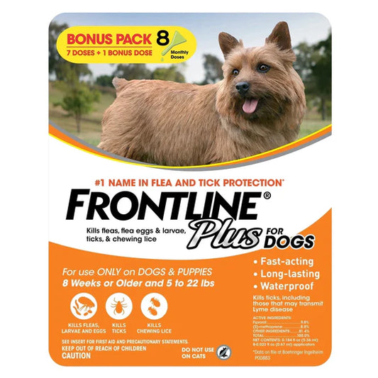 Frontline Plus for Dogs Flea and Tick Small Dog Treatment 5-22 lb, 8 Doses