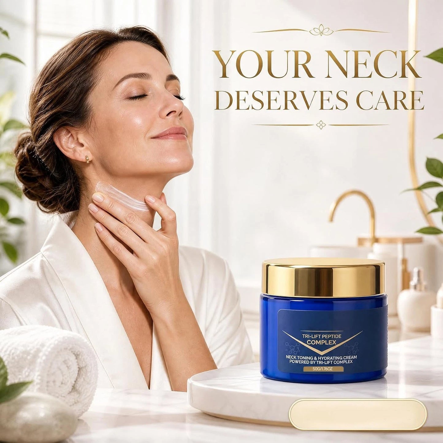 An opened 1.76oz jar of Tri-Lift Peptide Cream showcasing its rich texture designed to firm, lift, and hydrate facial skin.
