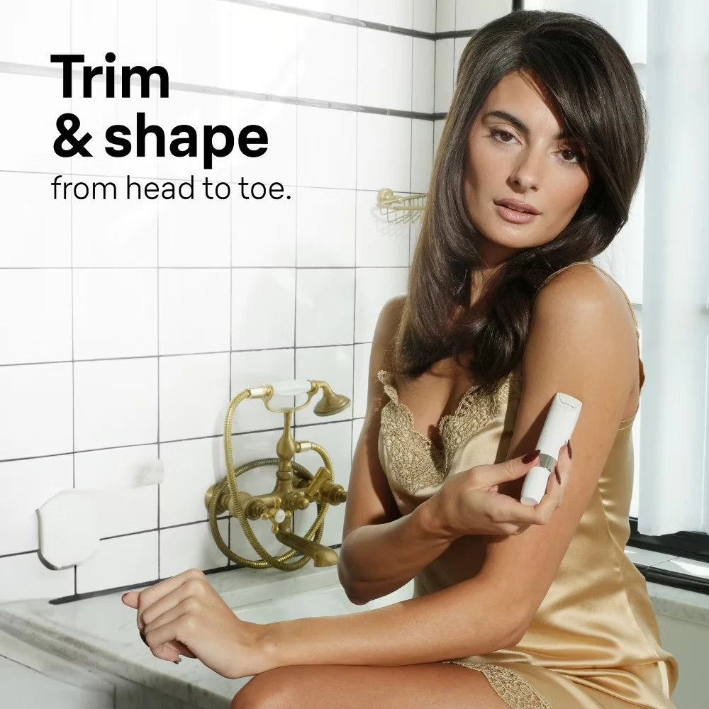 Woman applying hair removal cream in a bathroom setting with text 'Trim & shape from head to toe'.