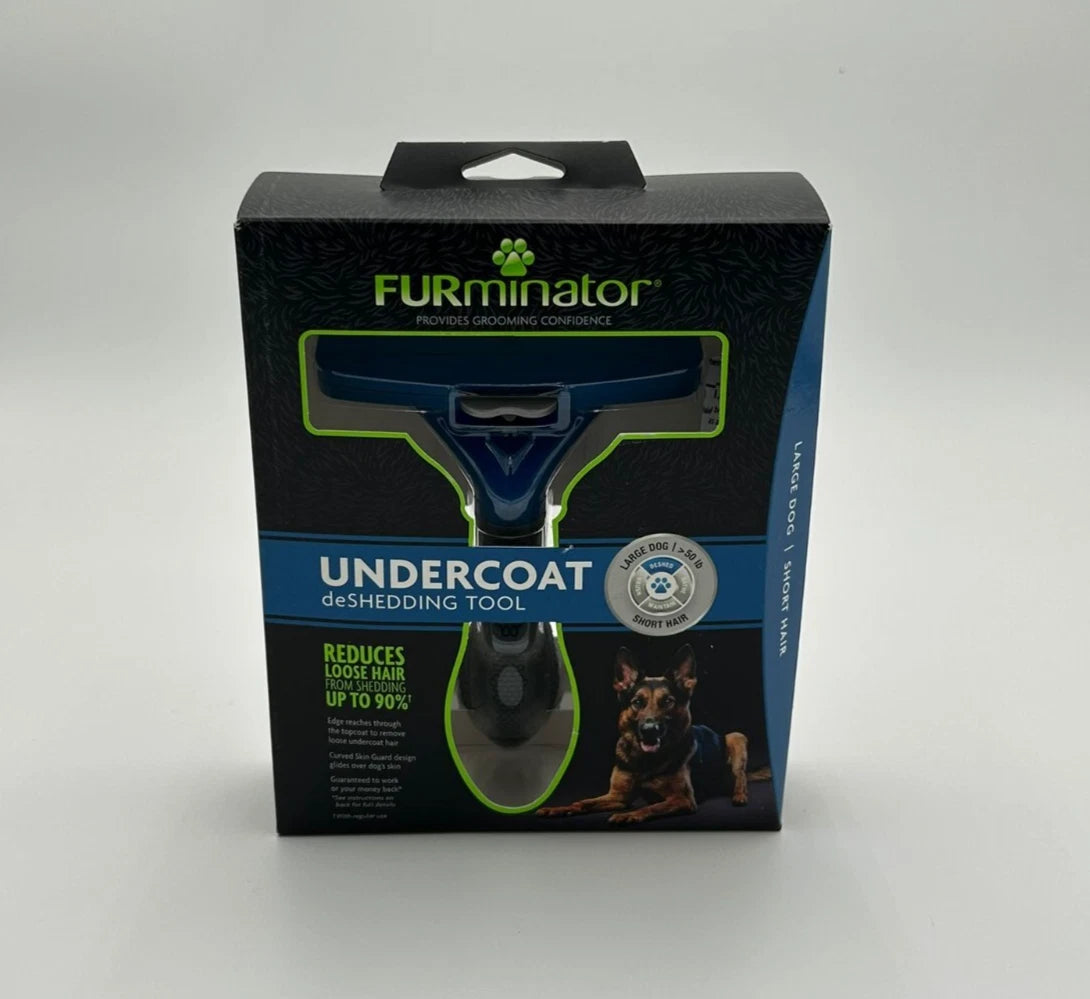 Large dog deShedding tool with curved Skin Guard and FURejector button