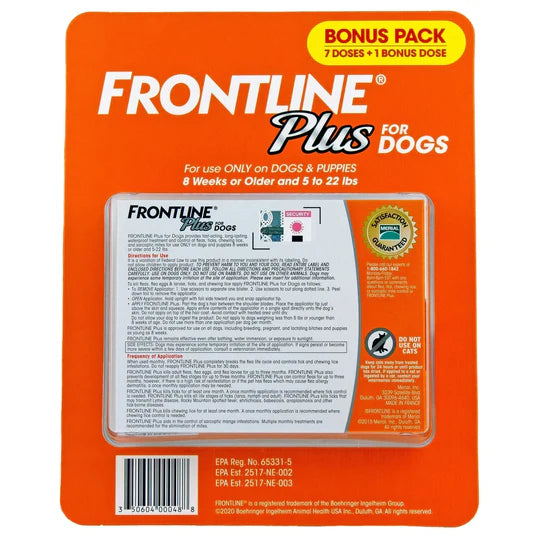 Frontline Plus for Dogs Flea and Tick Small Dog Treatment 5-22 lb, 8 Doses